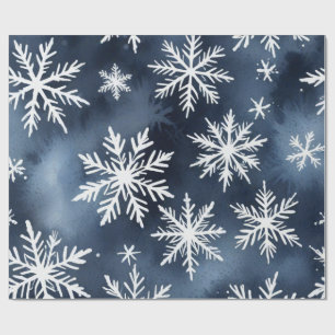 Watercolor Snowflakes Pattern in Navy Blue and Whi Wrapping Paper