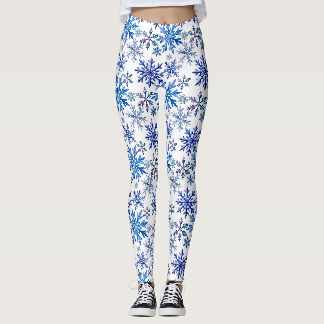 Watercolor Snowflakes Pattern Leggings (Front)