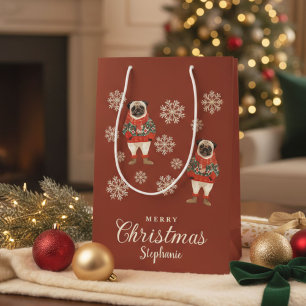 Watercolor Snowflakes Terracotta Pug Dog Christmas Medium Gift Bag