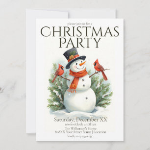 Watercolor Snowman and Cardinals Christmas Party Invitation