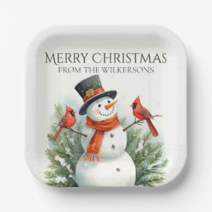 Watercolor Snowman and Cardinals Custom Name Xmas Paper Plate