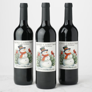 Watercolor Snowman and Cardinals Custom Name Xmas Wine Label