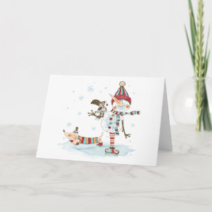 Watercolor Snowman and Dachshund  Holiday Card