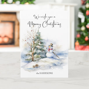 Watercolor Snowman and Merry Christmas Greeting Card