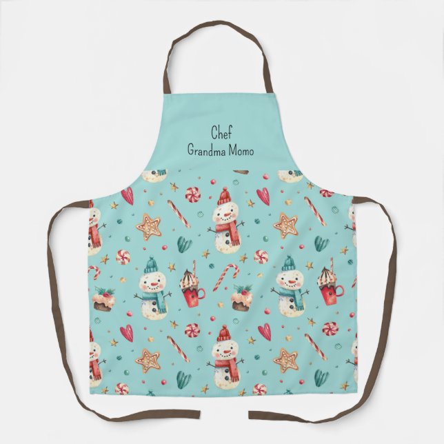 Watercolor Snowman Candy & Sweets Pattern Holiday Apron (Front)