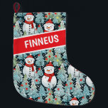 Watercolor Snowman Christmas Personalised<br><div class="desc">Adorable cosy snowmen in warm red scarves and warm knit hats and a pretty green,  red and blue pine tree background personalised Christmas stocking.</div>