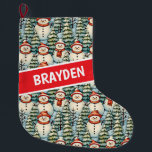 Watercolor Snowman Christmas Personalised<br><div class="desc">Watercolor cosy snowmen in warm red scarves and warm knit hats and a pretty green,  red and blue pine tree background personalised Christmas stocking.</div>
