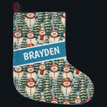 Watercolor Snowman Christmas Personalised<br><div class="desc">Watercolor cosy snowmen in warm red scarves and warm knit hats and a pretty green,  red and blue pine tree background personalised Christmas stocking.</div>