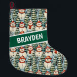 Watercolor Snowman Christmas Personalised<br><div class="desc">Watercolor cosy snowmen in warm red scarves and warm knit hats and a pretty green,  red and blue pine tree background personalised Christmas stocking.</div>