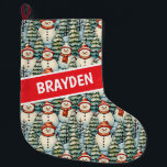 Watercolor Snowman Christmas Personalised  Large Christmas Stocking<br><div class="desc">Watercolor cosy snowmen in warm red scarves and warm knit hats and a pretty green,  red and blue pine tree background personalised Christmas stocking.</div>