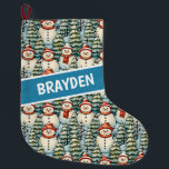 Watercolor Snowman Christmas Personalised  Large Christmas Stocking<br><div class="desc">Watercolor cosy snowmen in warm red scarves and warm knit hats and a pretty green,  red and blue pine tree background personalised Christmas stocking.</div>