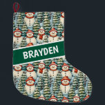 Watercolor Snowman Christmas Personalised  Large Christmas Stocking<br><div class="desc">Watercolor cosy snowmen in warm red scarves and warm knit hats and a pretty green,  red and blue pine tree background personalised Christmas stocking.</div>