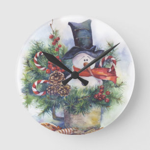 Watercolor snowman Christmas tree New Year winter Round Clock