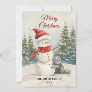 Watercolor Snowman Cute Cat Holiday Christmas Invitation