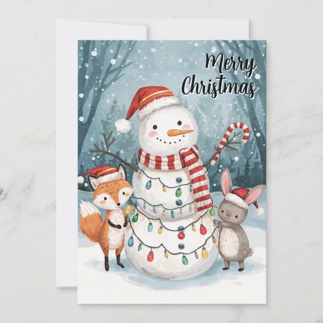 Watercolor Snowman Fox Bunny Woodland Christmas Holiday Card (Front)