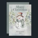 Watercolor Snowman Merry Christmas Holiday Card<br><div class="desc">Spread some holiday cheer with this cute watercolor snowman card! The front features a snowman and snowy trees, and you can personalise it with your name or family name and the date. On the back, there's space for your own special holiday message. It's a perfect way to send warm wishes...</div>