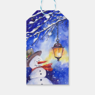 Watercolor snowman Merry Christmas New Year night Gift Tags