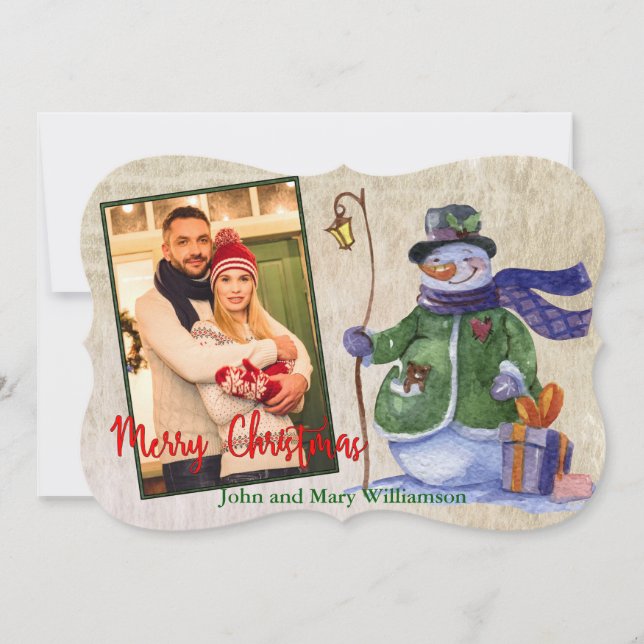 Watercolor Snowman Photo Christmas Fancy Cut Holiday Card (Front)
