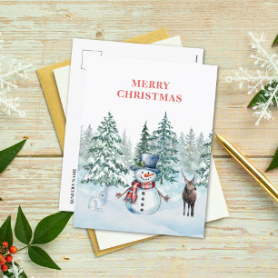 Watercolor Snowman Rabbit and Reindeer Christmas  Holiday Postcard