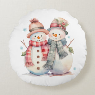 Watercolor Snowman Round Cushion