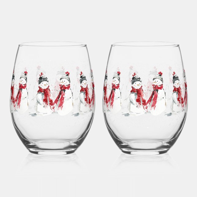Watercolor Snowman  Stemless Wine Glass (Front)