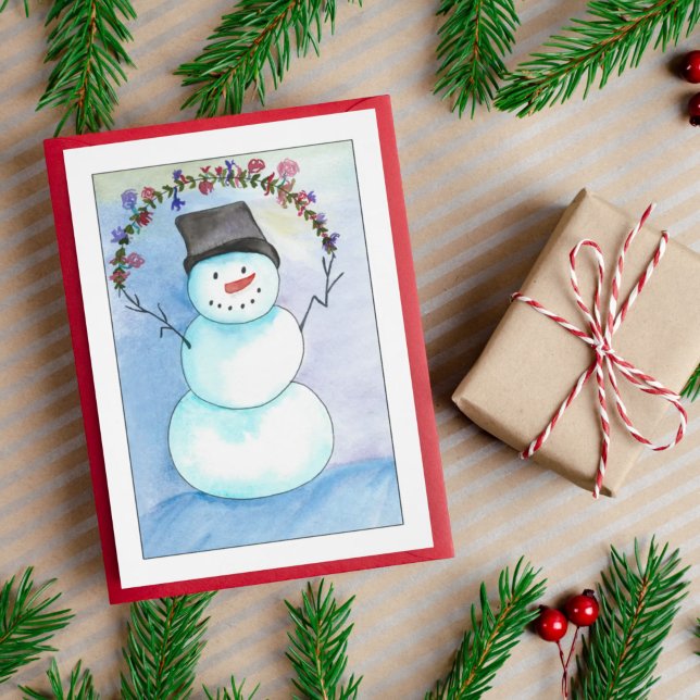 Watercolor Snowman With Floral Wreath Card (Creator Uploaded)