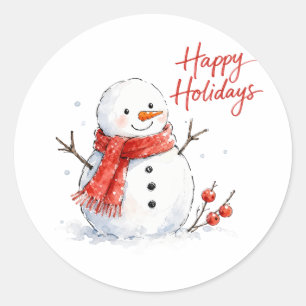 Watercolor Snowman with Red Scarf Classic Round Sticker