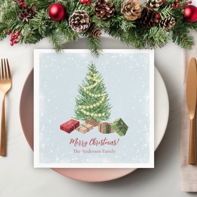 Watercolor Snowy Christmas Tree and Gifts  Napkin (Creator Uploaded)