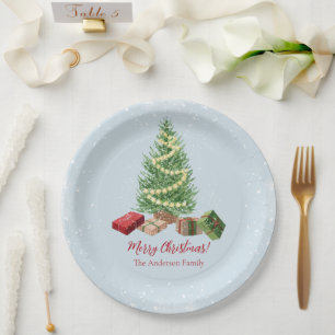 Watercolor Snowy Christmas Tree and Gifts  Paper Plate