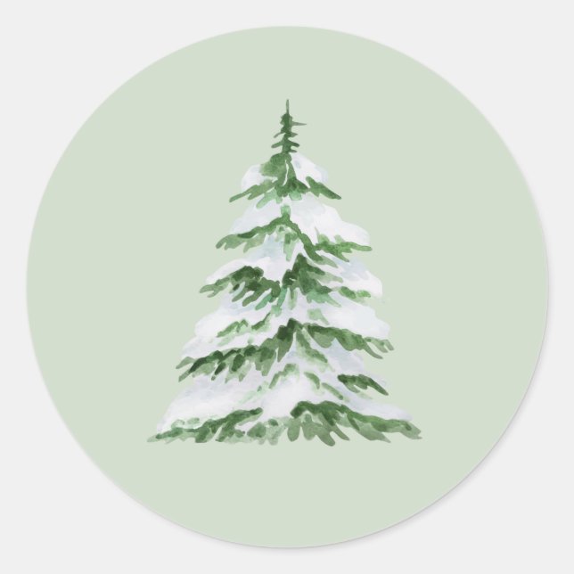 Watercolor Snowy Christmas Tree  Classic Round Sticker (Front)