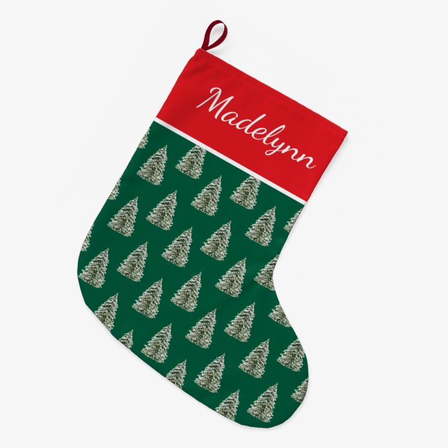  Watercolor Snowy Christmas Tree Pattern Large Christmas Stocking (Front (Hanging))