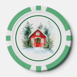 Watercolor Snowy Cottage Christmas Poker Chips