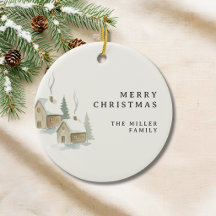 Watercolor Snowy Cottage Family Christmas