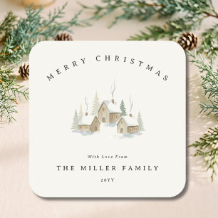 Watercolor Snowy Cottage Merry Christmas Family Square Sticker