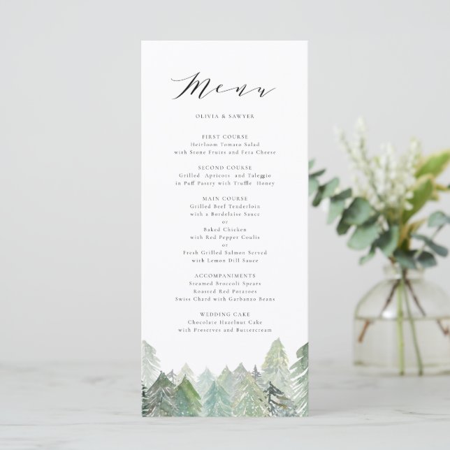 Watercolor Snowy Evergreen Forest Script Wedding Menu (Standing Front)