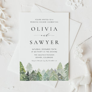Watercolor Snowy Evergreen Forest Wedding Shower Invitation