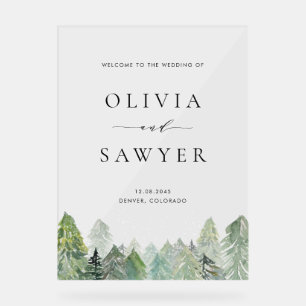 Watercolor Snowy Evergreen Forest Winter Wedding Acrylic Sign