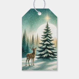 Watercolor Snowy Evergreen with Golden Star & Deer Gift Tags