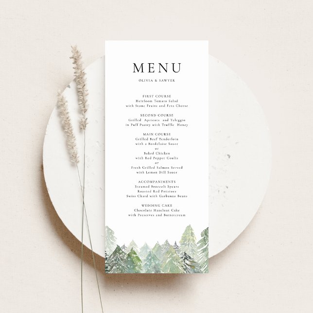 Watercolor Snowy Evergreen Woodland Winter Wedding Menu (Customizable menu card featuring a snowy watercolor pine forest, ideal for winter weddings & events.)