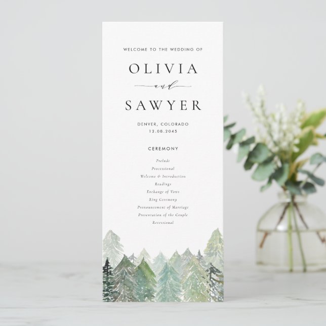 Watercolor Snowy Evergreen Woodland Winter Wedding Programme (Standing Front)