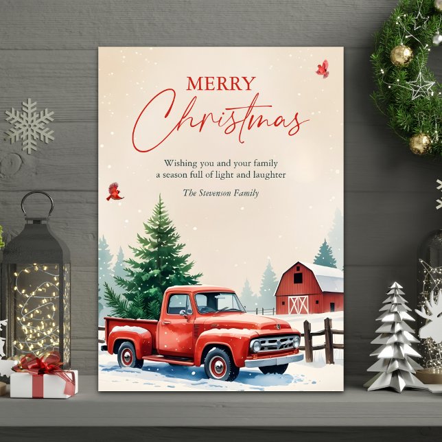Watercolor Snowy Farm & Barn Merry Christmas Holiday Card (Rustic Merry Christmas Card – Red Vintage Truck at Snowy Barn )