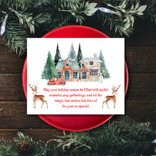 watercolor snowy house merry christmas holiday postcard
