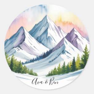 Watercolor Snowy Mountain Landscape Wedding Classic Round Sticker