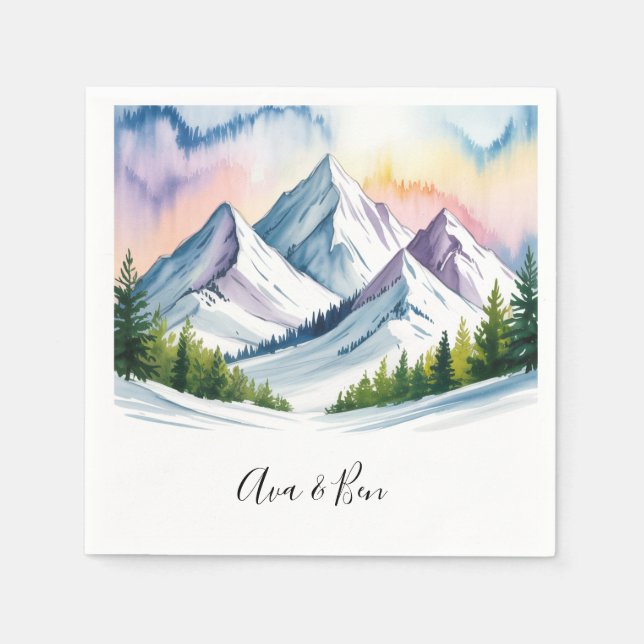 Watercolor Snowy Mountain Landscape Wedding Napkin (Front)