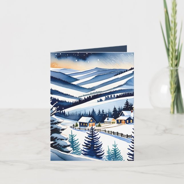 Watercolor Snowy Mountain Village Landscape Holiday Card (Front)