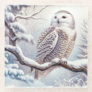 Watercolor Snowy Owl Glass Coaster