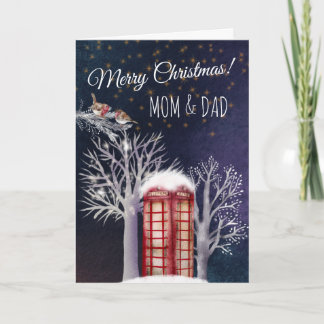 Watercolor Snowy Phone Box And Robins Christmas Card