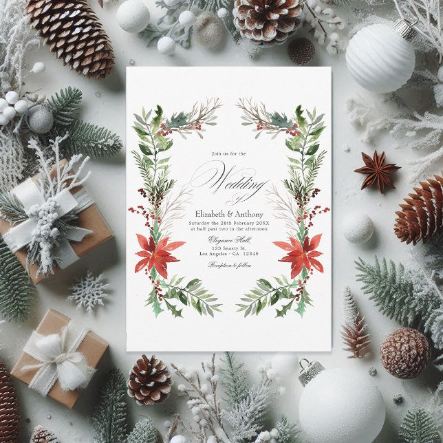 Watercolor Snowy Pine and Spruce Winter Wedding Invitation (Snowy rustic pine and spruce floral watercolor christmas wedding invitation)