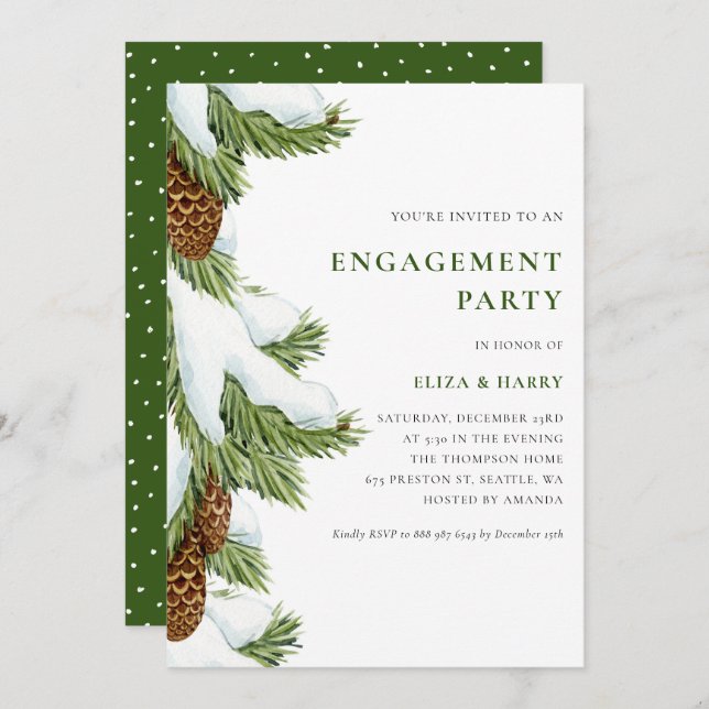 Watercolor Snowy Pine Needles Engagement Party Invitation (Front/Back)