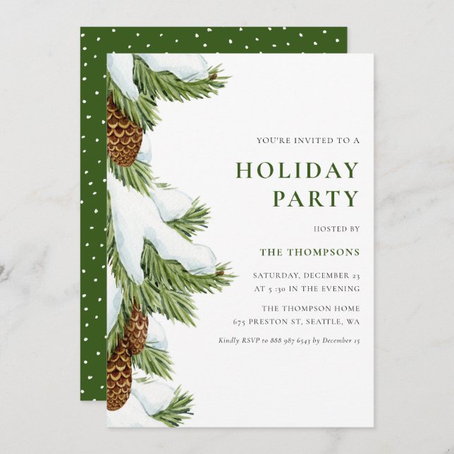 Watercolor Snowy Pine Needles Holiday Party Invitation (Front/Back)